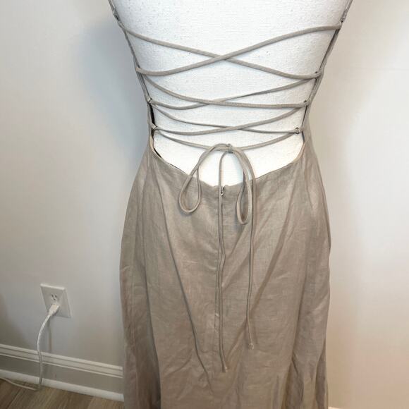 Enza Costa Linen Laced Open Back Maxi Dress In Mist Taupe Size Medium New - Picture 11 of 15